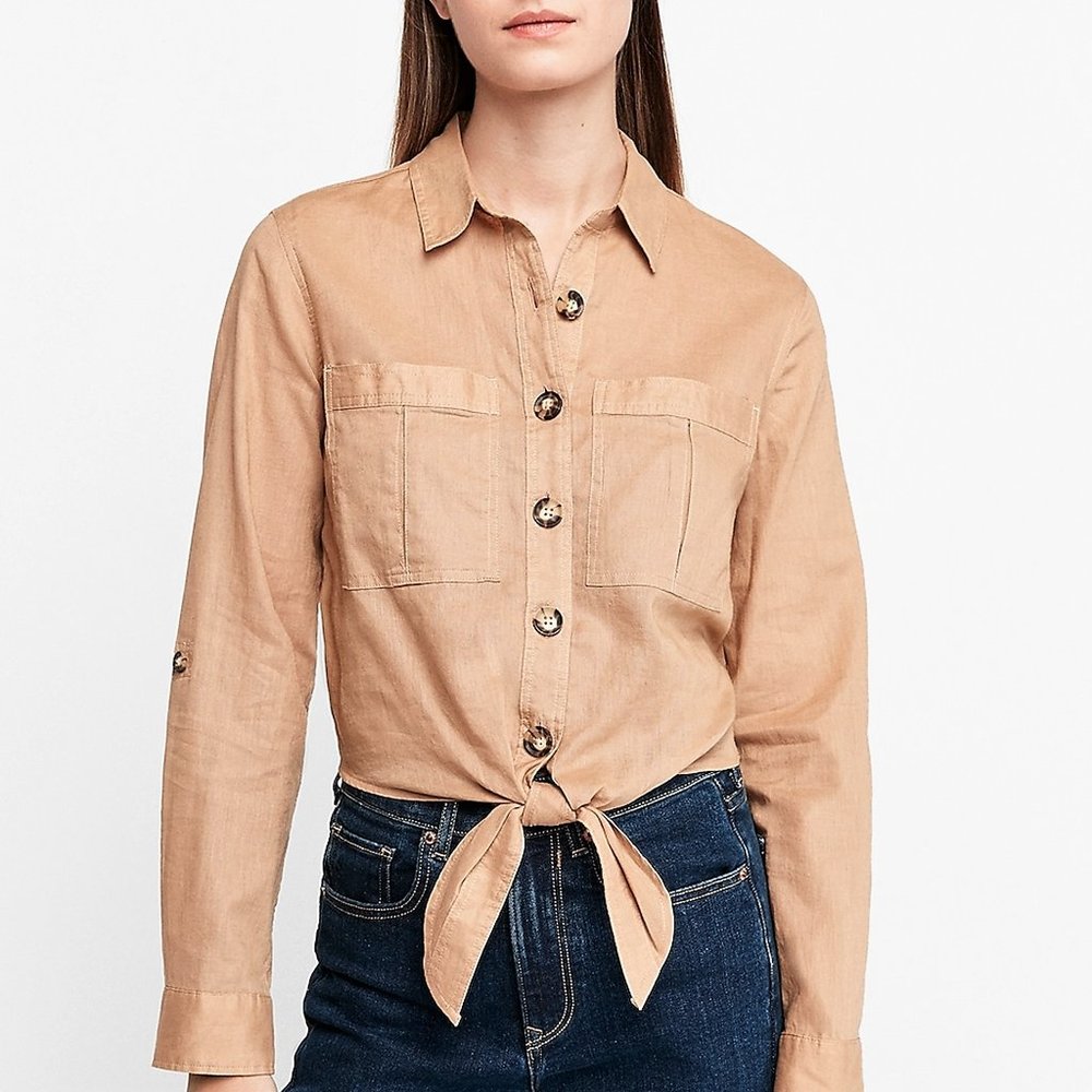 Crisp Linen-Blend Semi-Cropped Tie-Front Utility Shirt - Size XXS